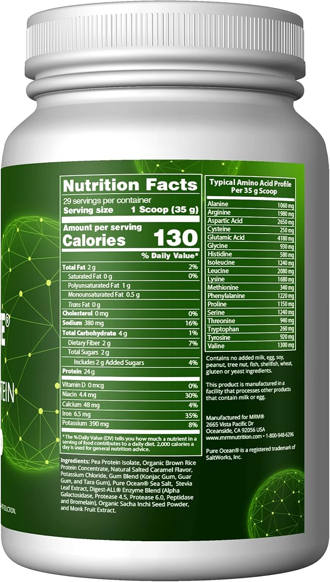 MRM Nutrition Veggie Elite Performance Protein | Salted Caramel Flavored| Plant-Based Protein| Easy to Digest | with BCAAs| Vegan + Gluten-Free | Clinically Tested| Digestive enzymes | 30 Servings