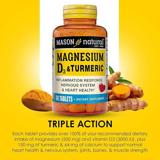 MASON NATURAL Magnesium & Vitamin D3 with Turmeric, 60 Day Supply Dietary Supplement with 500 mg Magnesium, 3000 IU Vitamin D3, and 150 mg Turmeric