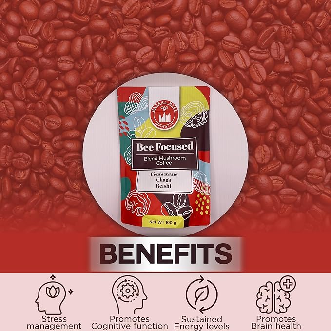 Mushroom Coffee by Herbal Hive Bee Focused Includes Adaptogens Reishi, Lion's Mane, and Chaga Superfood Low Acid Instant 30 Servings (3.5 oz, Dark Roast)