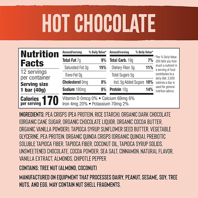Mezcla Vegan Protein Bars, Gluten Free Snack Made with Pea Protein, Chocolate Chips and Other Premium Ingredients, Healthy Snacks, Hot Chocolate, 10g of Protein, 12 Pack