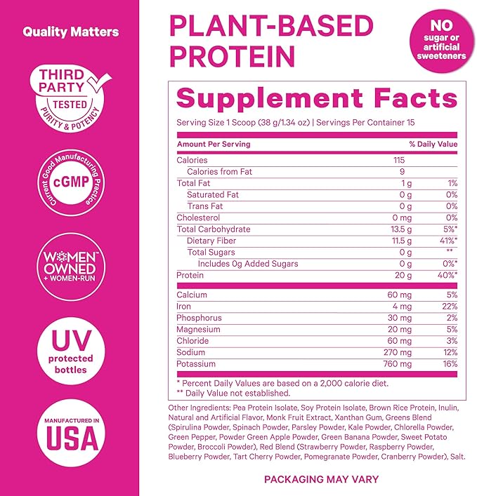 Pink Stork Protein Powder for Women, 20g Plant Based Protein Powder with Fiber + Superfoods, Gluten Free, Dairy Free, Sugar Free, Vanilla Protein Shake - 15 Scoops