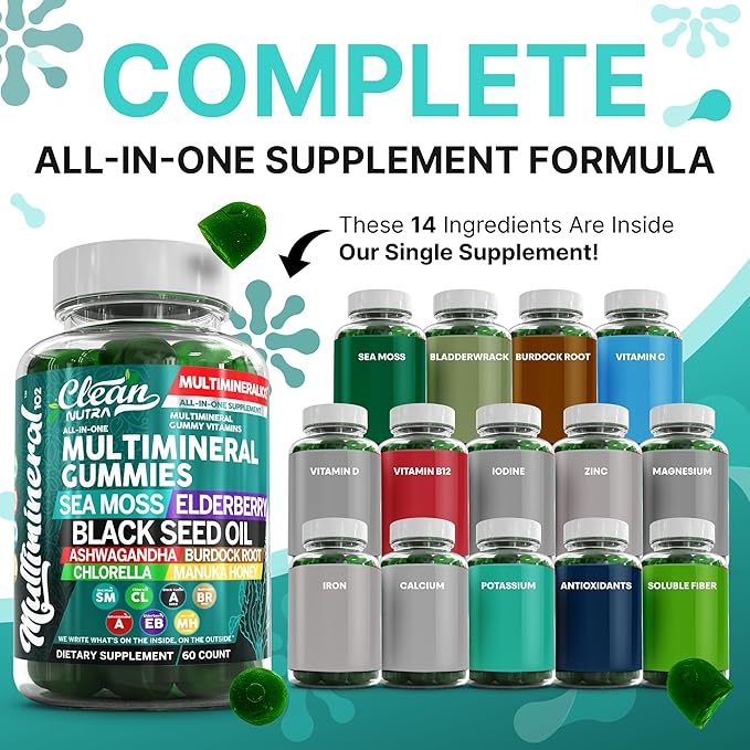 Clean Sea Moss Gummies | Black Seed Oil Ashwagandha, Elderberry, Burdock Root, Chlorella, Manuka Honey - Vegan Irish Sea Moss Gummy Vitamins For Adults Kids Men Women - Multimineral Green Apple Flavor