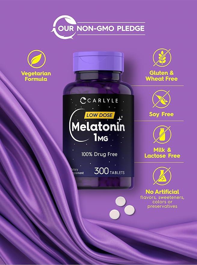 Carlyle Melatonin 1 mg | 300 Low Dose Tablets | Drug Free Aid | Vegetarian, Non-GMO, Gluten Free