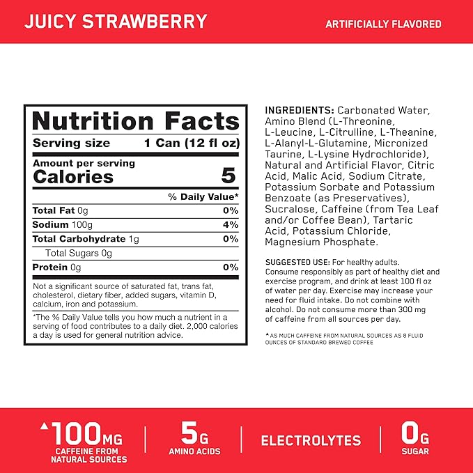 Optimum Nutrition Amino Energy Sparkling Hydration Drink, Electrolytes, Caffeine, Amino Acids, BCAAs, Sugar Free, Juicy Strawberry, 12 Fl Oz, 12 Pack (Packaging May Vary)