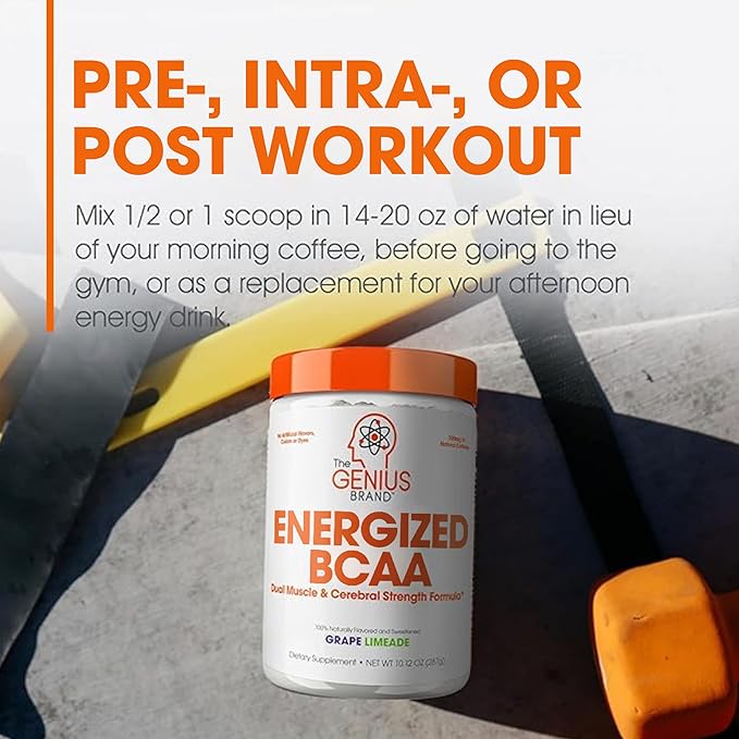 Genius BCAA Powder - 5g Vegan BCAAs L-Glutamine, Cognizin & Rhodiola Muscle Recovery Energy Support 100mg Caffeine Pre, Intra, Post-Workout Nootropic Supplement for Focus & Performance - Grape Limeade