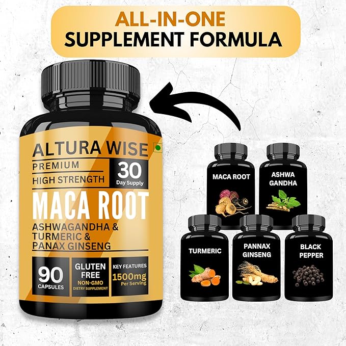 Maca Root Capsules 1500mg - Black | Red & Yellow Blend with Ashwagandha, Panax Ginseng, Turmeric & Black Pepper - Energy, Focus, Performance, Mood & Immune Support for Men & Women - 90 Caps