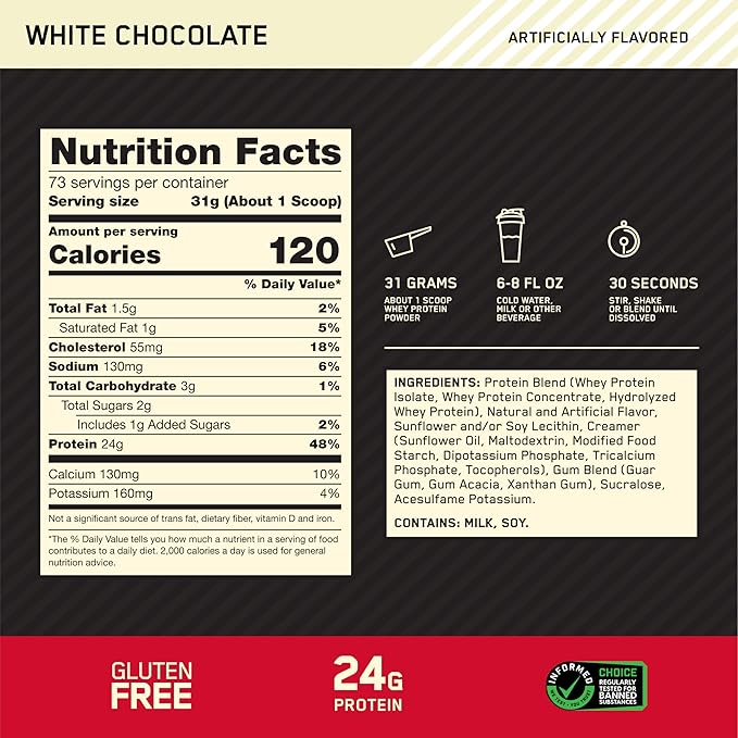 Optimum Nutrition Gold Standard 100% Whey Protein Powder, White Chocolate, 5 Pound (Packaging May Vary)