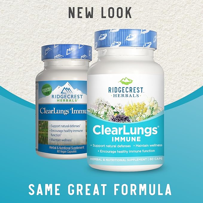 Ridgecrest Herbals ClearLungs Immune, Lung Support Supplement with Mullein, Elderberry, Zinc, Vitamin C, Vitamin A, Olive Leaf (60 Caps, 30 Serv)