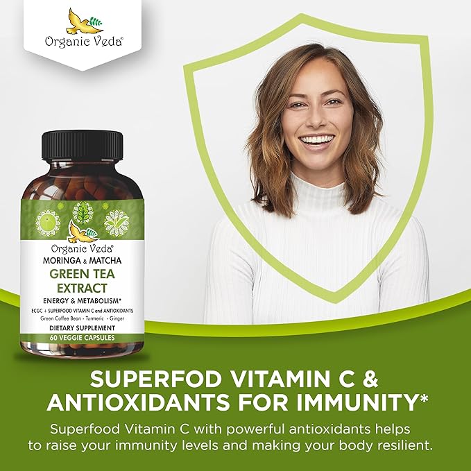 Organic Veda Green Tea Extract ECGC Capsules - Antioxidants Rich Matcha, Green Coffee Bean, Turmeric, Moringa, Vitamin C - Energy, Metabolism, Brain, Immune & Heart Health Supplement - 60 Pills