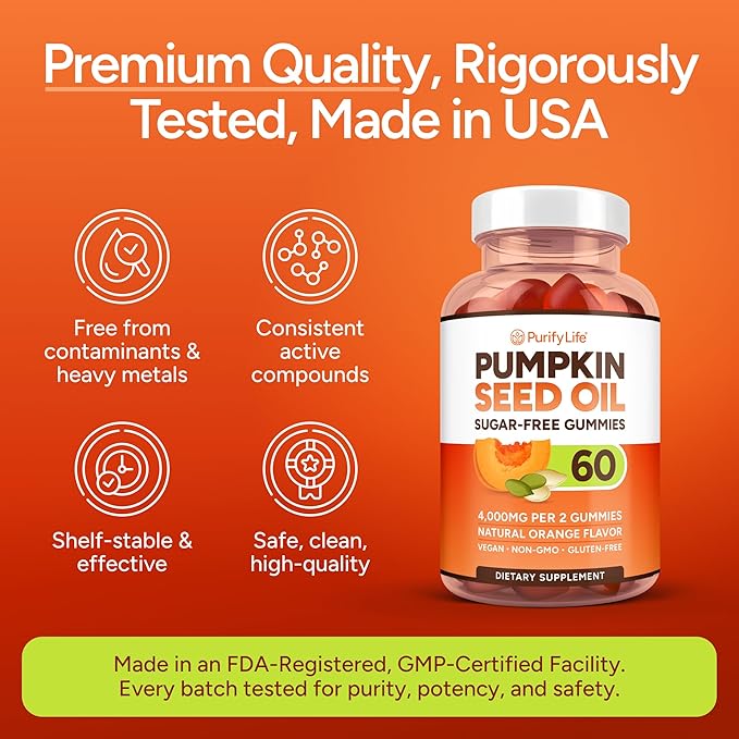 Sugar-Free Pumpkin Seed Oil Gummies (4,000mg/serving) Pumpkin Seed Oil for Hair Growth, Youthful Skin, Prostate Health, Immune & Urinary Tract Support-Natural Source of Essential Fatty Acids-60 Chews