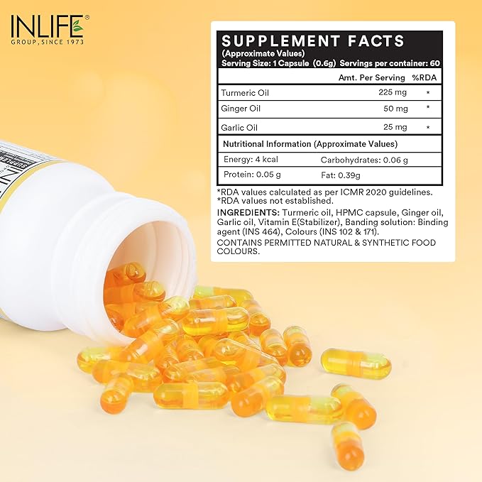 Organic Turmeric Ginger Garlic Capsules 300mg (Liquid Filled) for Inflammation, Joint Support, Immune Support & Heart Health | Ayurvedic Vegitarian GMP Tested - (60 Count)