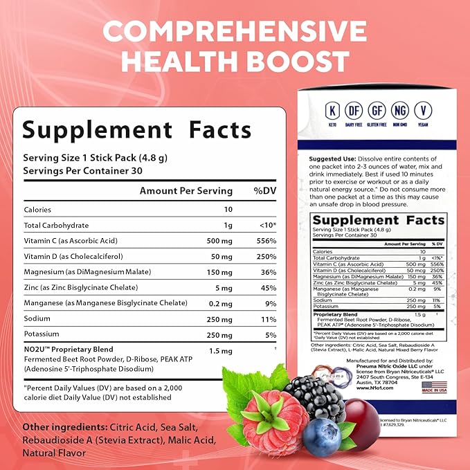 N.O. Beetz Nitric Oxide Supplement for Pre-Workout & Endurance | Beetroot, Peak ATP & Electrolytes for Energy & Hydration | Boosts Blood Flow & Muscle Recovery | No Mess, 30 Servings