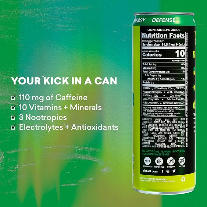 EBOOST Super Fuel Natural Energy Drink - Ginger Lime - 12 Pack x 11.5 Fl Oz - Natural Caffeine from Coffee and Green Tea - Essential Electrolytes, Nootropics, and Vitamins - Sports Preworkout Drink