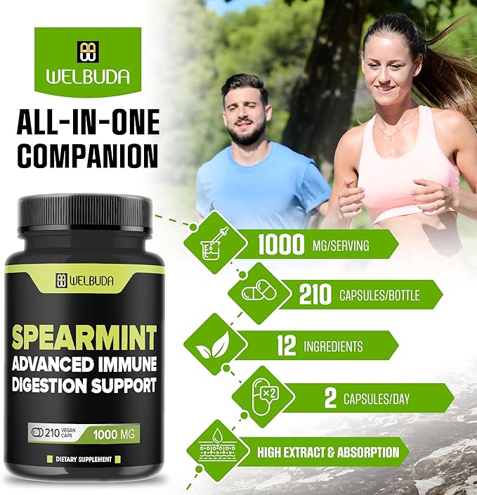 210 Capsules - Spearmint Supplement with Olive Leaf, Ginger Root, Black Pepper & More - Combined Formula for Digestion Health, Respiratory Health, Immunity & Positive Mood Support