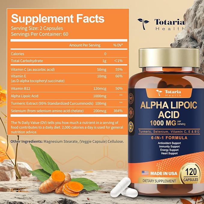 (2 Packs) Alpha Lipoic Acid - 1000mg ALA Supplement Capsules for Neuropathy Support Supplement Nerve Health, Liver Detox, Antioxidant, Metabolism and Cell Energy, Anti-Aging - Non-GMO, Gluten Free