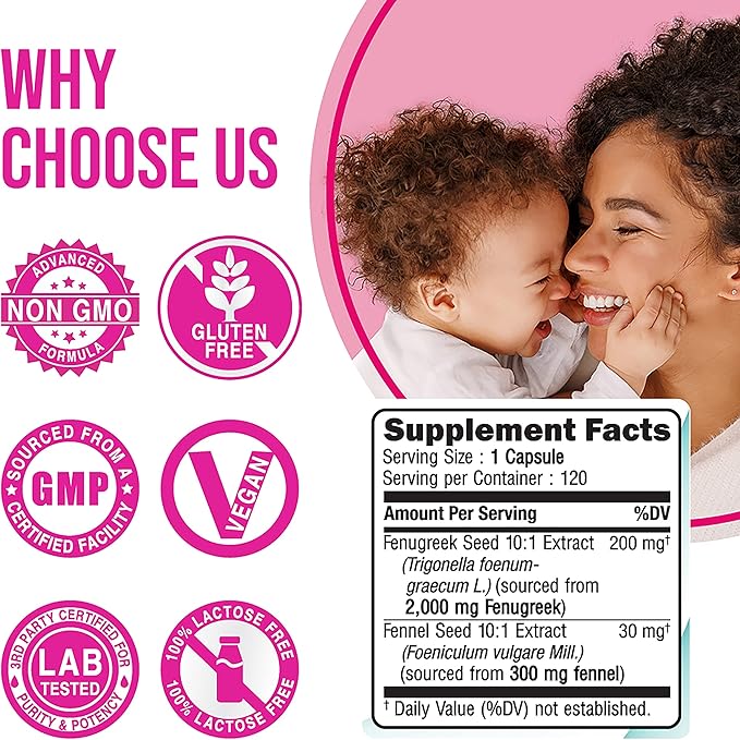 Breastfeeding Fenugreek Capsules With Fennel For Lactation, 2300mg Per Capsule, 120 Count, Fenugreek Pills Non-GMO, Gluten Free Fenugreek Seeds Extract Supplements, Fenogreco Capsulas