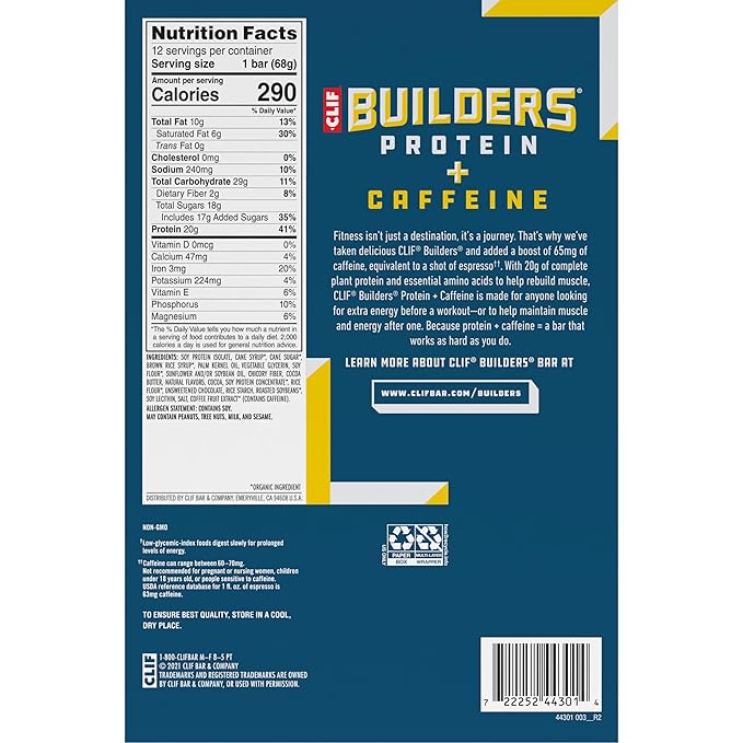 CLIF Builders + Caffeine - Chocolate Chip Cookie Dough Flavor - Plant Based Protein Bars - Gluten Free - Non-GMO - Low Glycemic - 20g Protein - 2.4 oz. (12 Count)