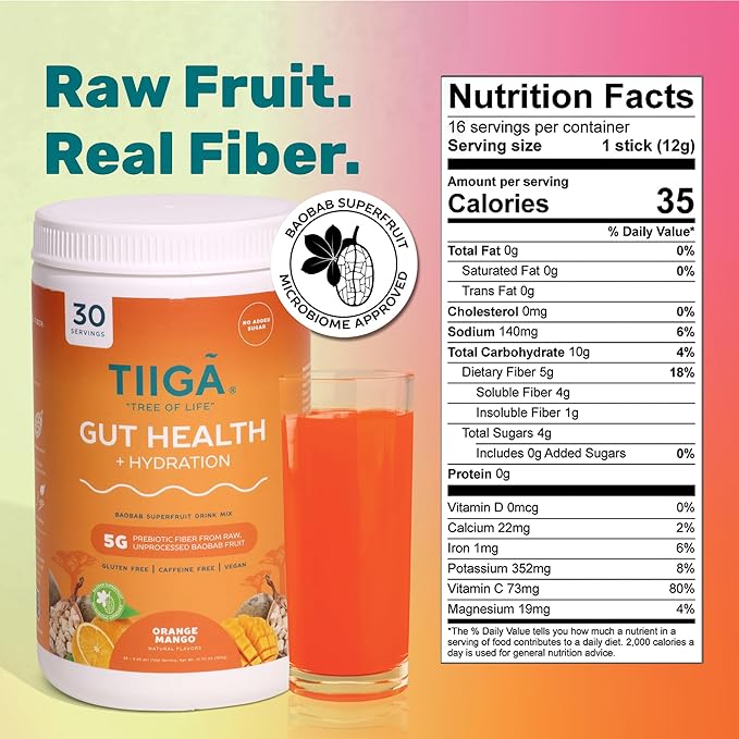 Tiiga 2-in-1 Gut Health + Hydration Drink Mix – Natural Debloat Formula with 75%+ Baobab & Coconut Water. High in Antioxidants, Prebiotics, Zero Added Sugar, Supports Digestion, Energy & Helps Debloat