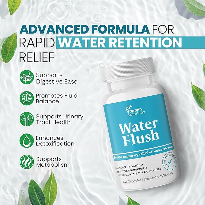 DR VITAMIN SOLUTIONS Diuretic Water Pills for Weight Control, 12 Active Ingredients (Green Tea, Cranberry & More), Instant Relief from Bloat & Swelling, Water Retention Pills for Women & Men - 60 Caps