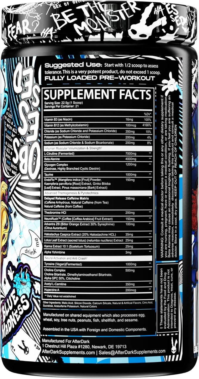 AFTERDARK INHUMAN Void Pre-Workout Powder, Enhanced Mind-Muscle Connection, Sustained Energy, Potent Nootropic Blend, Vegan, Gluten-Free, Soy-Free, 400mg Caffeine, No Crash, Blue Madness