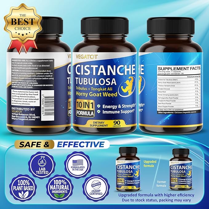 VEGATOT 10 in 1 High Strength Cistanche Tubulosa Tribulus Terrestris Horny Goat Weed Concentrated Boost Energy Stamina Strength - Made in The USA