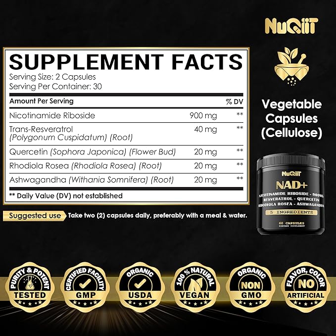 NAD+ Supplement with Nicotinamide Riboside, Resveratrol, Quercetin, Turmeric, Rhodiola Rosea - 60 Count