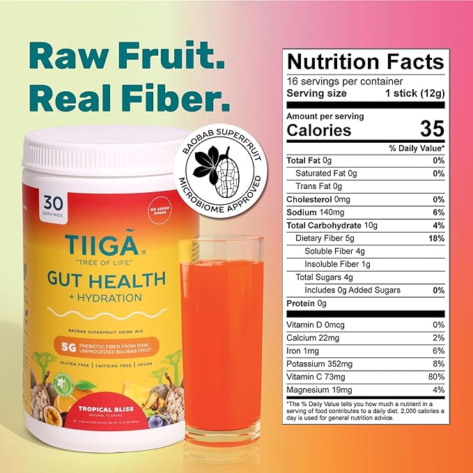 Tiiga 2-in-1 Gut Health + Hydration Drink Mix – Natural Debloat Formula with 75%+ Baobab & Coconut Water. High in Antioxidants, Prebiotics, Zero Added Sugar, Supports Digestion, Energy & Helps Debloat