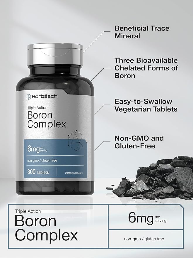 Horbäach Triple Boron Complex 6 mg Supplement | 300 Tablets | for Men and Women | Vegetarian, Non-GMO & Gluten Free | Triple Action Boron Citrate, Boron Glycinate, Boron Asparate