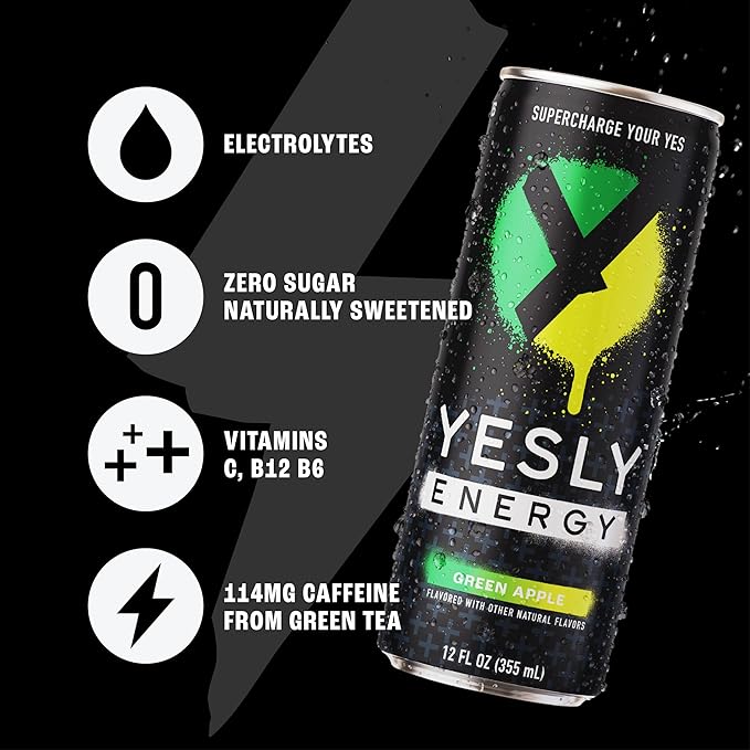 Yesly Energy Drink, Green Apple, Naturally Flavored Sparkling Energy Water With Electrolytes, Magnesium, Potassium, Vitamin C, B6 & B12, Natural Caffeine From Green Tea, 12 Fl Oz Cans, 12 Pack