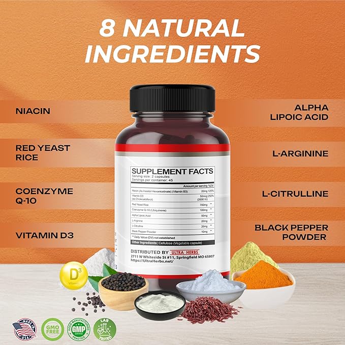 Ultra Red Yeast Rice CoQ10 - Promote Overall Health with Niacin, L-Arginine, L-Citrulline (90 Count (Pack of 1))