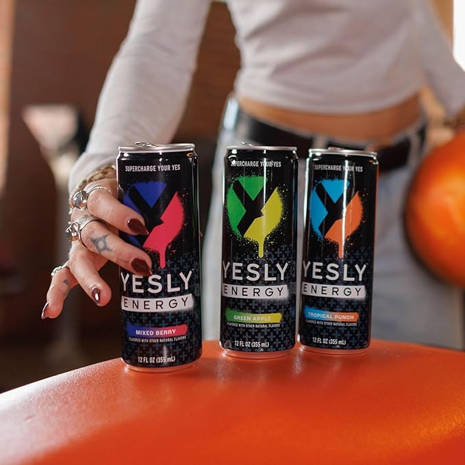 Yesly Energy Drink, Mixed Berry, Naturally Flavored Sparkling Energy Water With Electrolytes, Magnesium, Potassium, Vitamin C, B6 & B12, Natural Caffeine From Green Tea, 12 Fl Oz Cans, 12 Pack