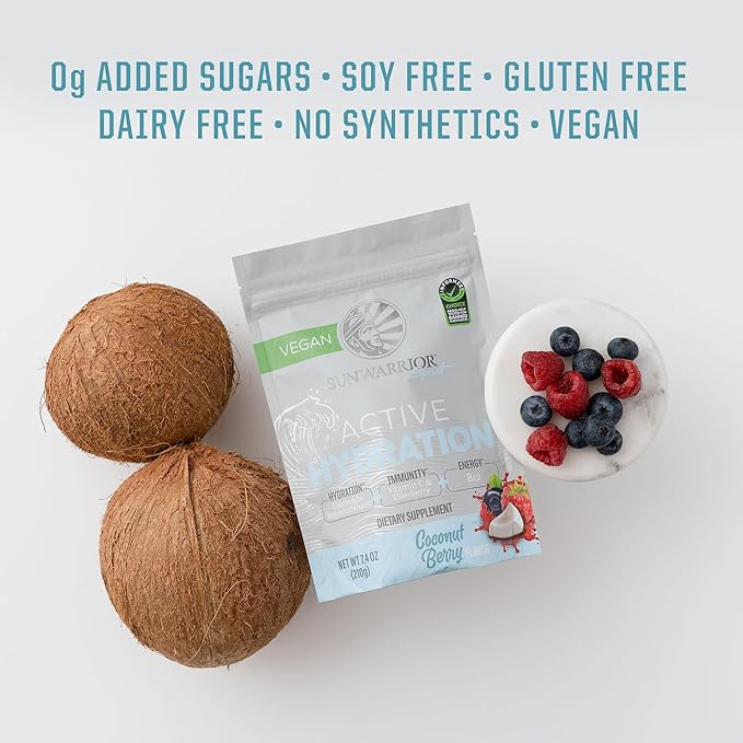 Sunwarrior Vegan Hydration Blend Electrolyes Supplement | Elderberry Coconut Water Real Salt Soy Free Sugar Free Synthetic Free Gluten Free Dairy Free | Coconut Berry 30 Servings | Active Hydration