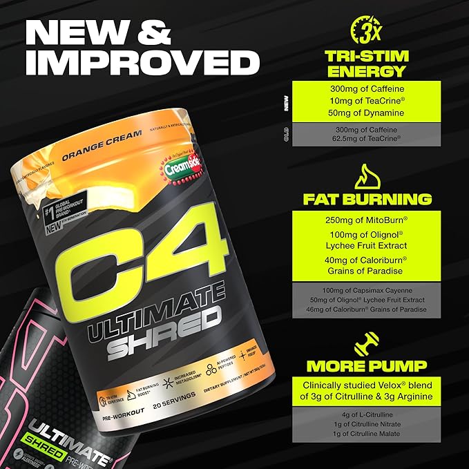 Cellucor C4 Ultimate Shred Pre Workout Powder, Metabolism Supplement with Cayenne Extract+300mg Caffeine+TeaCrine+Dynamine - Orange Creamsicle, 20 Servings