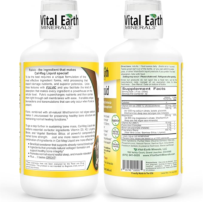 Vital Earth Minerals Cal-Mag Liquid – Calcium Magnesium Supplement with Vitamin D3, K2, Boron, and Fulvic Acid for Faster Absorption, 32 Oz + 1 Oz Cup