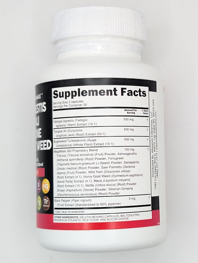 Clean Nutraceuticals Fadogia Agrestis Tongkat Ali Turkesterone Supplement with Horny Goat Weed, Saw Palmetto, Maca Root, Siberian Ginseng, Tribulus Terrestris, Fenugreek, Wild Yam - 60 Count
