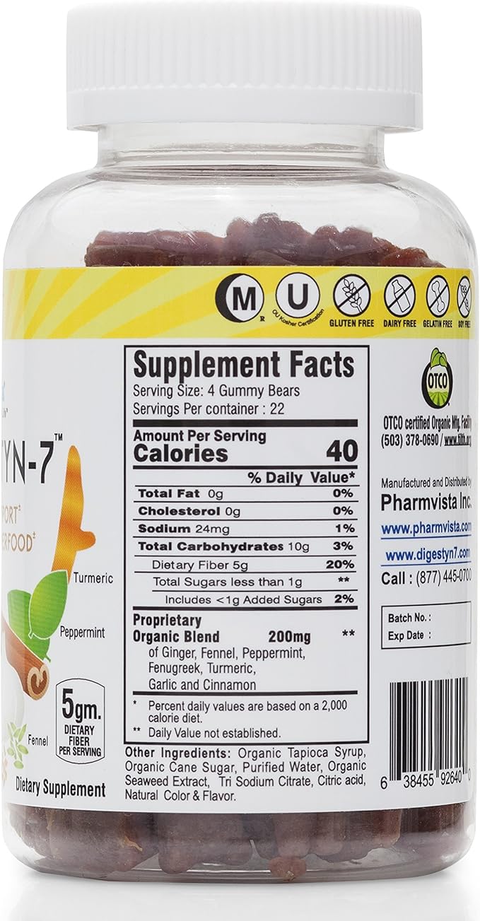 Digestyn7 - Organic Digestive Gummies 200mg 90 Count - Organic Ginger, Garlic, Turmeric, Cinnamon, Fennel, Fenugreek and Mint