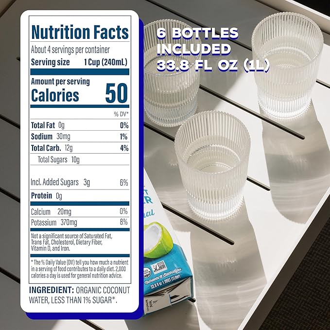 C2O - Organic Coconut Water, The Original Flavor (6 Pack) - Made with Fresh Coconut Water - Plant Based, Non GMO - Natural Hydration, Essential Electrolytes, & Potassium - 6 Tetra Packs, 33.8 FL OZ