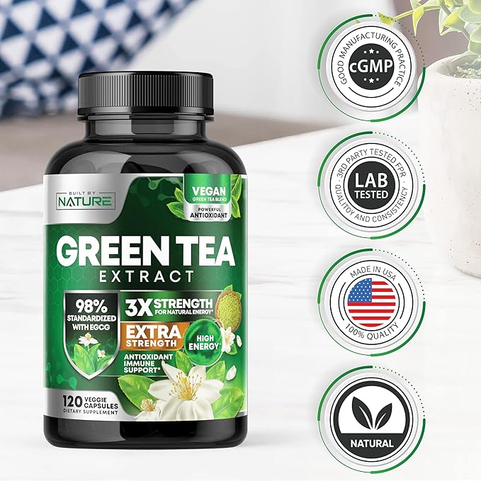 Green Tea Extract Pills - Powerful Antioxidant Supplement - 98% Standardized EGCG 1000mg for Natural Energy with Polyphenols - Gentle Caffeine - 120 Capsules