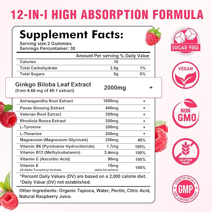 Ginkgo Biloba Gummies with Panax Ginseng and Magnesium, Ginkgo Biloba Supplements for Focus, Memory, and Brain Health for Adults & Kids, Vegan Raspberry Flavor Gummies, 60 Count