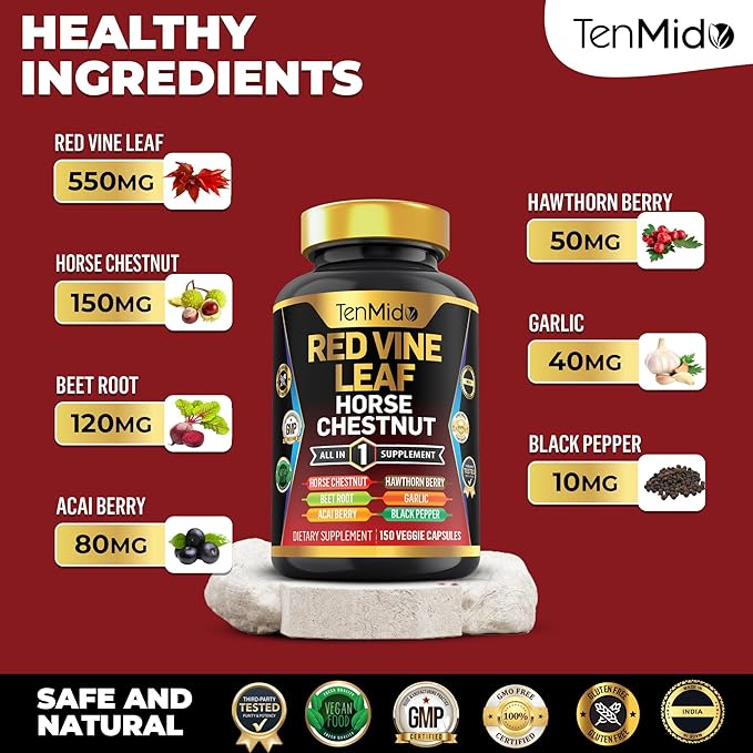 Red Vine Leaf Extract Supplement - 7in1 Formula - Combine with Horse Chestnut, Beet Root, Acai Berry, Hawthorn Berry, Garlic, and Black Pepper - 150 Capsules for 75 Days Supply