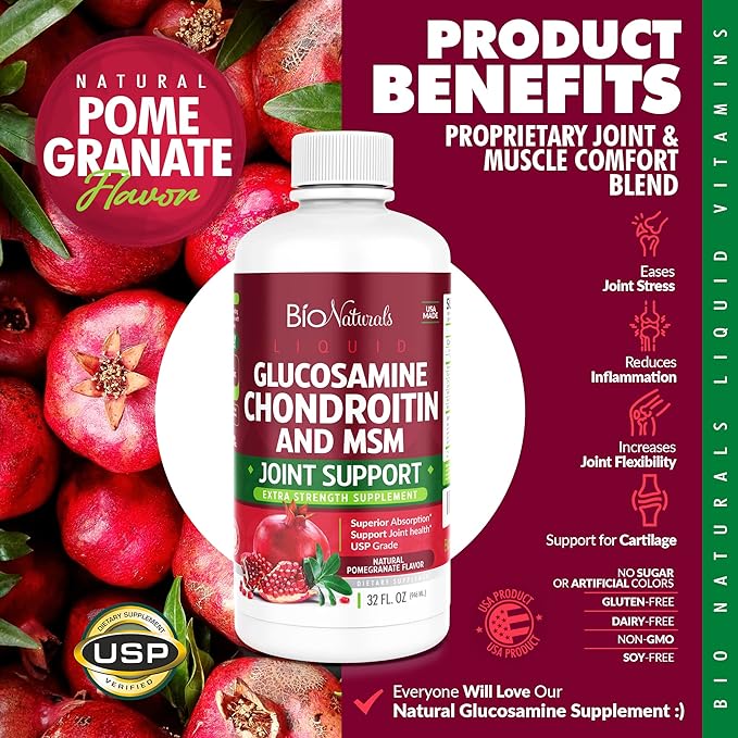 Bio Naturals Liquid Glucosamine Chondroitin MSM Pharmaceutical Grade Supplement with Hyaluronic Acid – Maximum Strength Joint Support - 32 fl oz