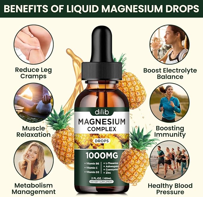 Triple Magnesium Complex Supplement, Magnesium Glycinate, Blend, Citrate Liquid Drops 1000mg with Ashwagandha, CoQ10, Vitamin B6, C, D, Zinc - Vegan Pineapple Flavor