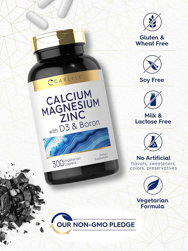 Carlyle Calcium Magnesium Zinc Vitamin D3 Supplement with Boron | 300 Caplets | Vegetarian, Non-GMO