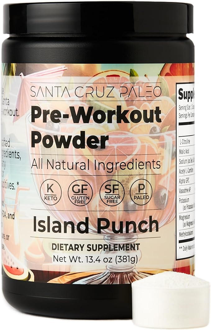 Santa Cruz Paleo Natural Pre Workout Powder, Island Punch, Keto Preworkout with Electrolytes Magnesium, Potassium, L-Citrulline, Caffeine Free, Sugar Free Drink Mix for Energy & Hydration, 30 Servings