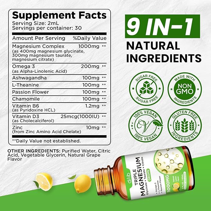 Liquid Magnesium Glycinate Supplement 1000mg, Calm Magnesium Citrate, Taurate Drops with Omega 3, Zinc, Ashwagandha, L-Theanine, Chamomile for Sleep, Mood, Stress Relief, Bone, Muscle, Lemon Flavor