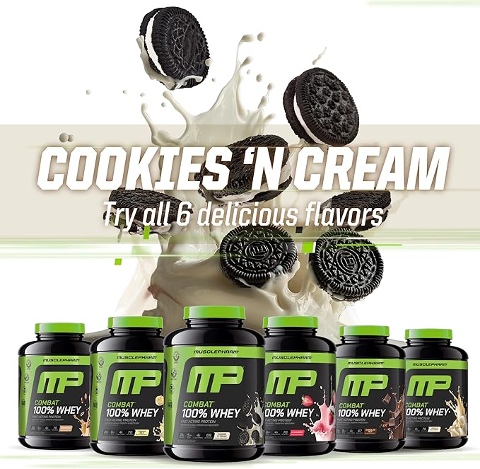 MusclePharm Combat 100% Whey Protein Powder, Cookies ‘N’ Cream Flavor, Fast Recovery & Muscle Gain with Whey Protein Isolate, High Protein Powder for Women & Men, Gluten Free, 5 lb, 70 Servings