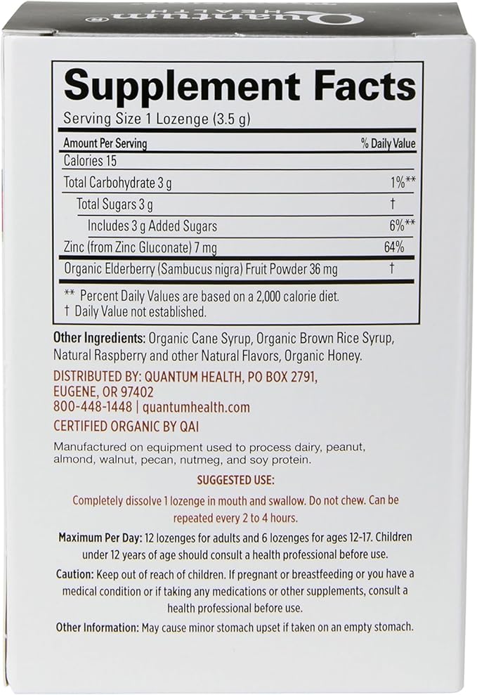 Quantum Health TheraZinc Organic Zinc Lozenges Elderberry Sambucus Raspberry & Honey Immune Support for Adults & Kids 12+ Naturally Flavored Fast Relief with No Aftertaste - 25 Count
