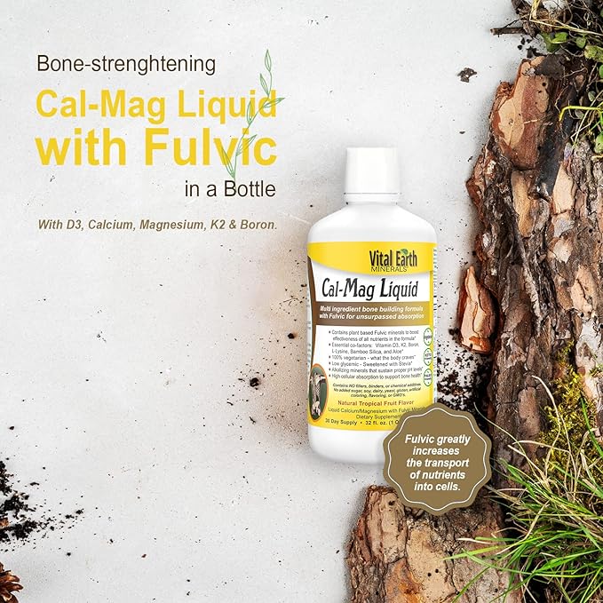 Vital Earth Minerals Cal-Mag Liquid – Calcium Magnesium Supplement with Vitamin D3, K2, Boron, and Fulvic Acid for Faster Absorption, 32 Oz + 1 Oz Cup