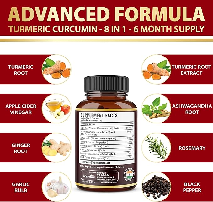 7 in 1 Turmeric Curcumin + Apple Cinder Vinegar Capsules, 6 Month Supply with Ashwagandha, Ginger, Garlic Bulb, 180 Capsules
