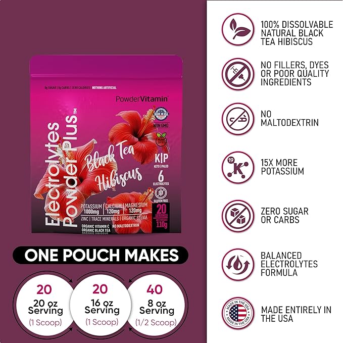 Electrolytes Powder Plus (20 Servings) Black Tea Hibiscus Electrolyte Powder Keto, Sugar Free, Pink Himalayan Salt,1000mg Potassium,120mg Calcium,120mg Magnesium, Hydration Powder